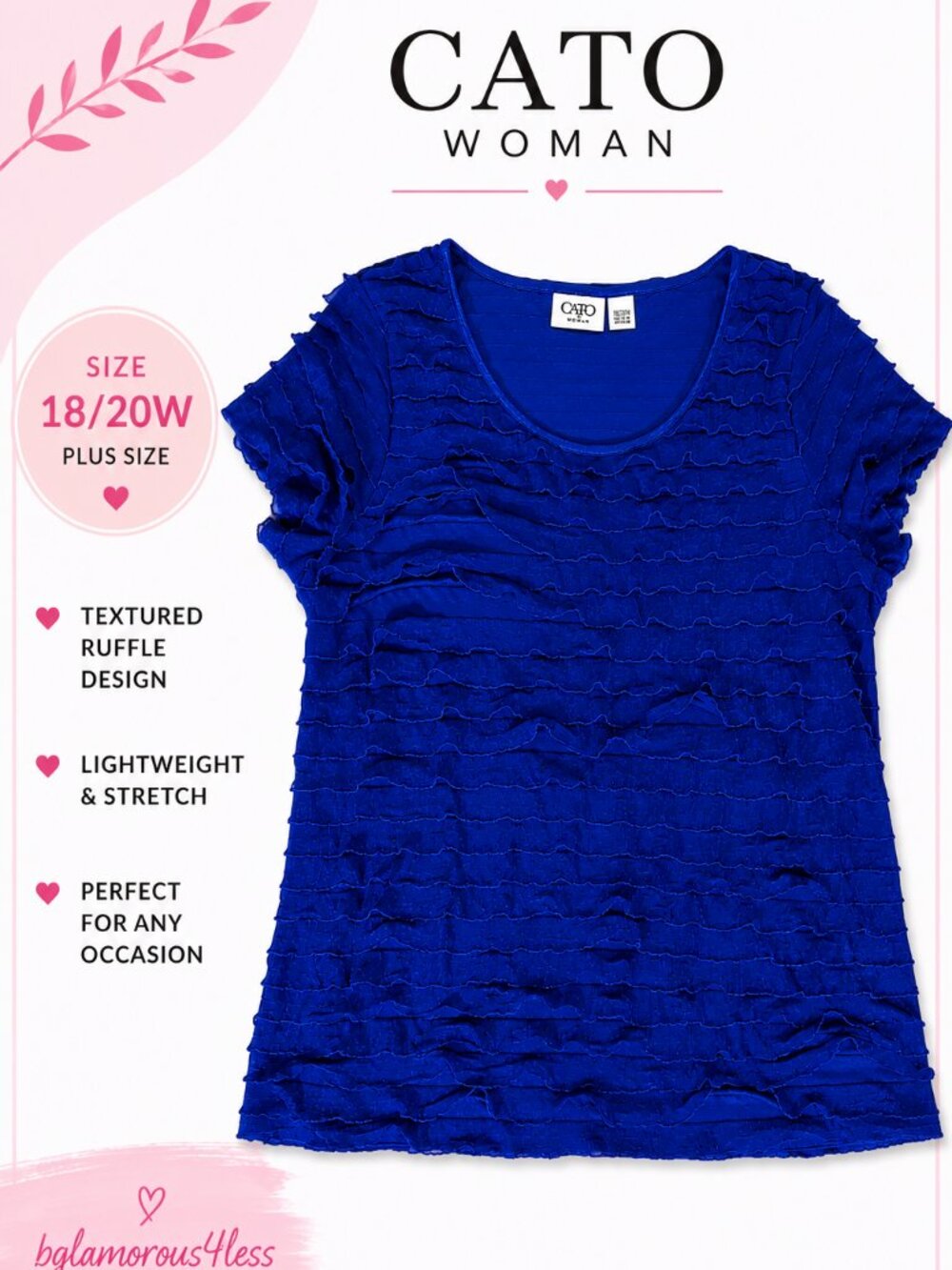 Cato Woman Blouse Plus Size 18/20W Royal Blue Textured Ruffle  Short Sleeve